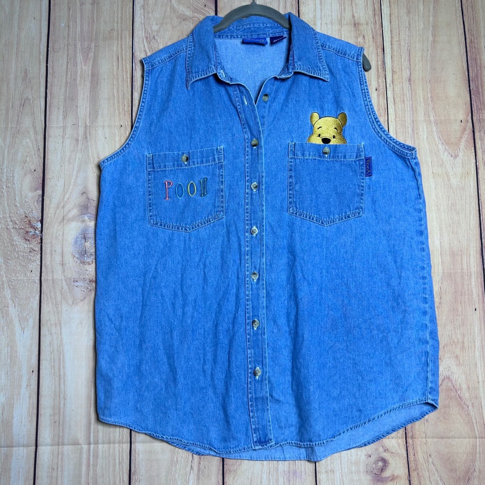 VTG Pooh Denim Button Down Shirt Women L Blue Sleeveless Embroidered Kidcore 90s